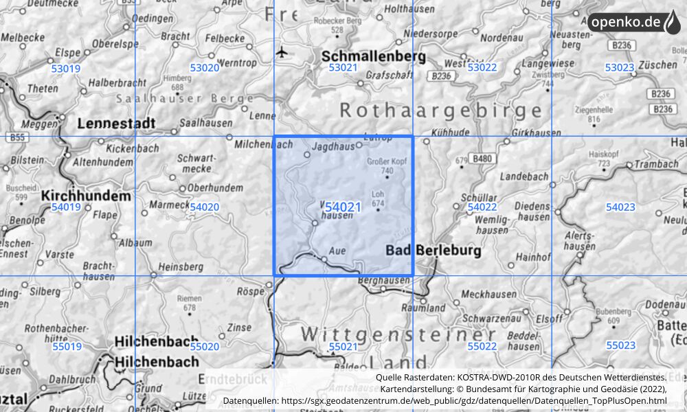 Übersichtskarte KOSTRA-DWD-2010R Rasterfeld Nr. 54021 mit angrenzenden Feldern