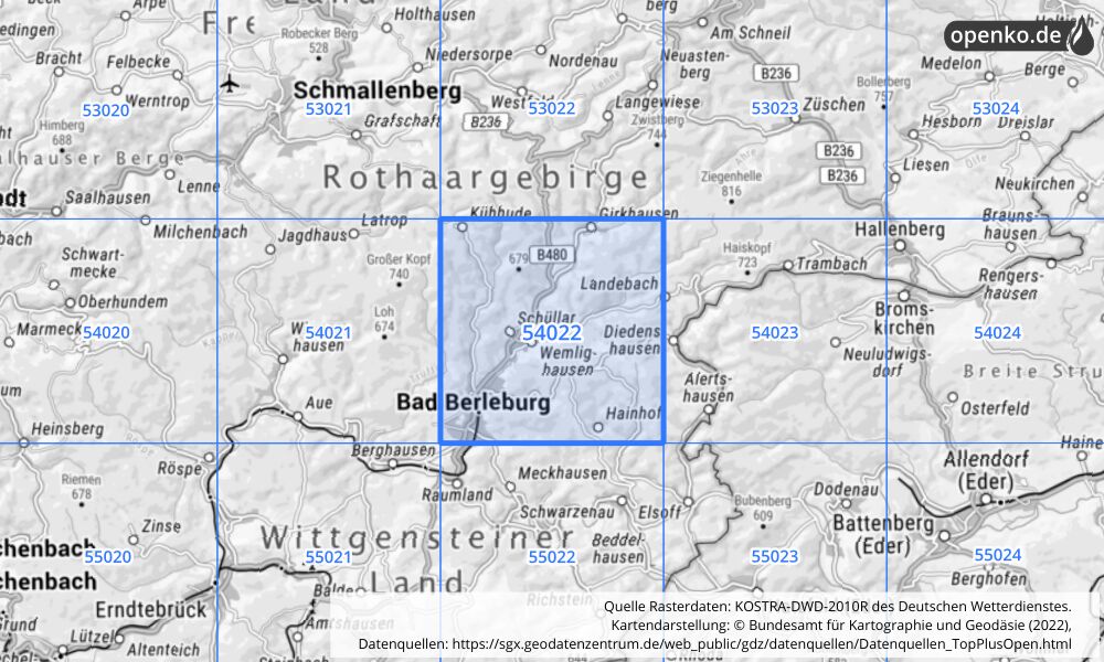 Übersichtskarte KOSTRA-DWD-2010R Rasterfeld Nr. 54022 mit angrenzenden Feldern