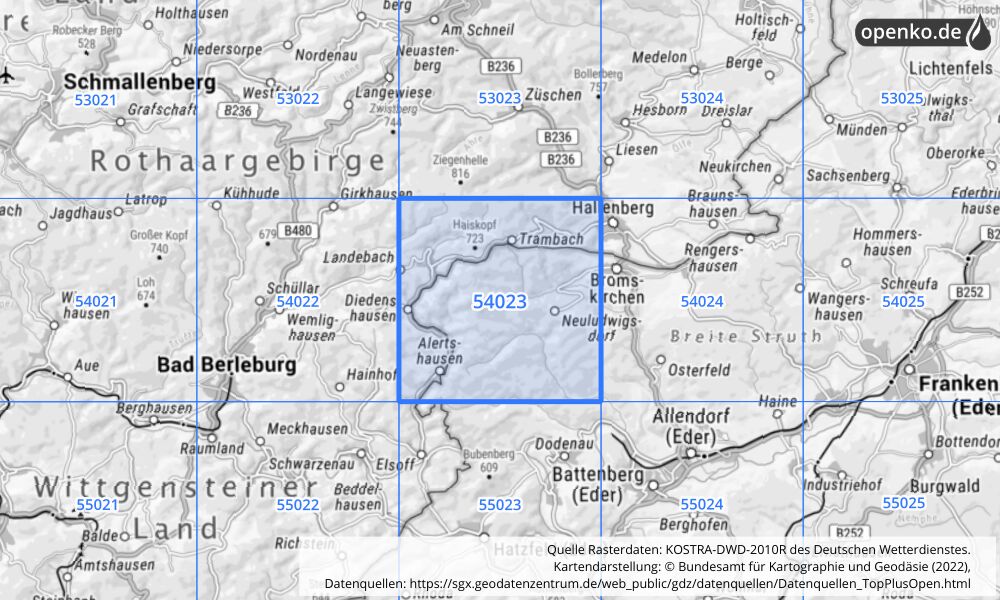 Übersichtskarte KOSTRA-DWD-2010R Rasterfeld Nr. 54023 mit angrenzenden Feldern