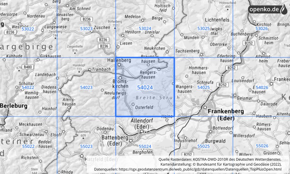 Übersichtskarte KOSTRA-DWD-2010R Rasterfeld Nr. 54024 mit angrenzenden Feldern