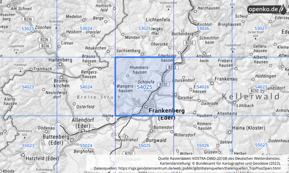 Übersichtskarte KOSTRA-DWD-2010R Rasterfeld Nr. 54025 mit angrenzenden Feldern