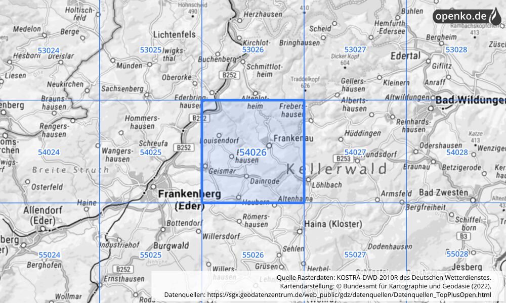 Übersichtskarte KOSTRA-DWD-2010R Rasterfeld Nr. 54026 mit angrenzenden Feldern