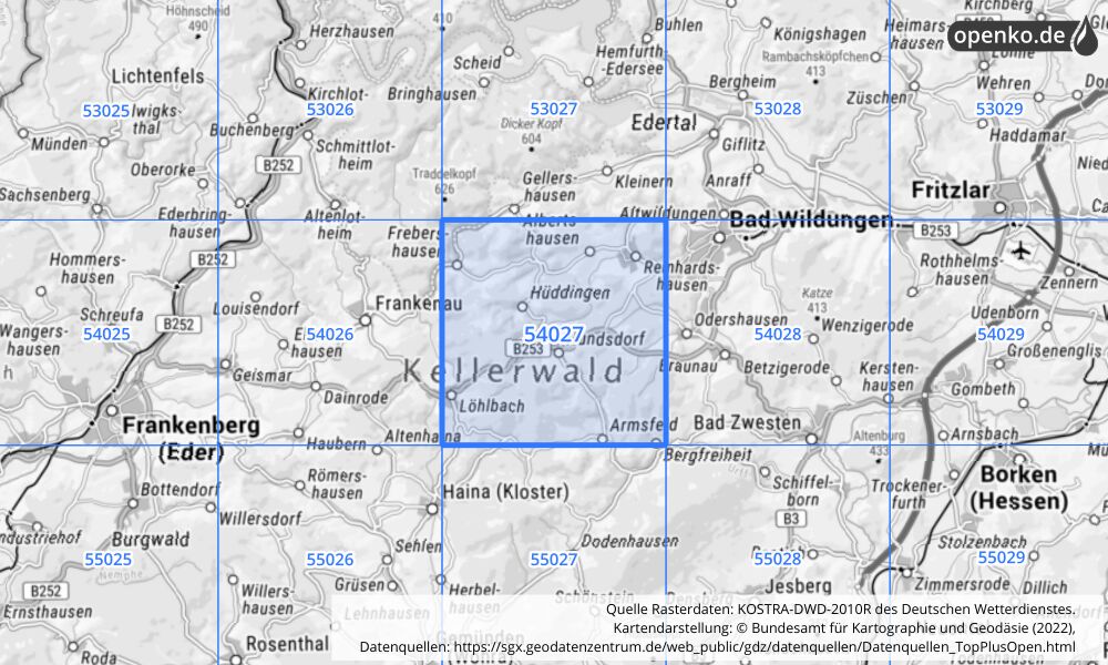 Übersichtskarte KOSTRA-DWD-2010R Rasterfeld Nr. 54027 mit angrenzenden Feldern