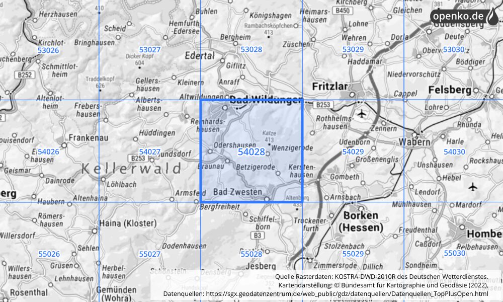 Übersichtskarte KOSTRA-DWD-2010R Rasterfeld Nr. 54028 mit angrenzenden Feldern