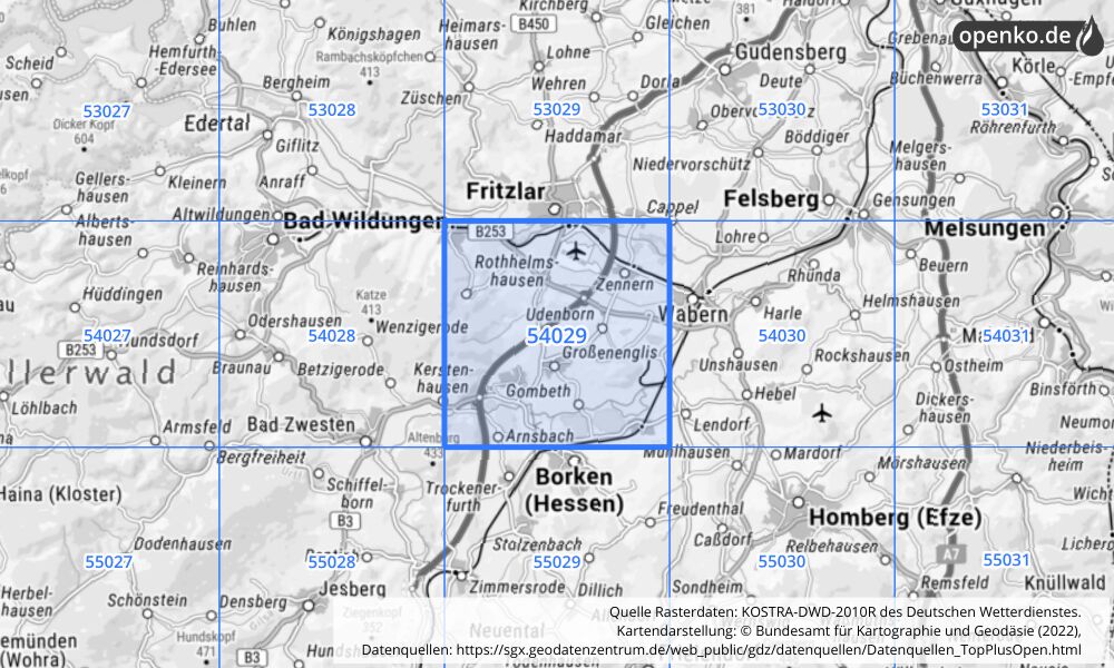 Übersichtskarte KOSTRA-DWD-2010R Rasterfeld Nr. 54029 mit angrenzenden Feldern