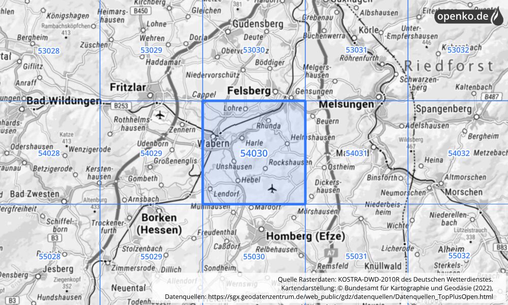 Übersichtskarte KOSTRA-DWD-2010R Rasterfeld Nr. 54030 mit angrenzenden Feldern