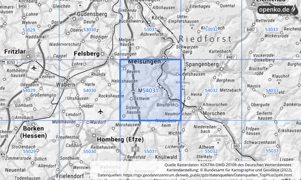 Übersichtskarte KOSTRA-DWD-2010R Rasterfeld Nr. 54031 mit angrenzenden Feldern