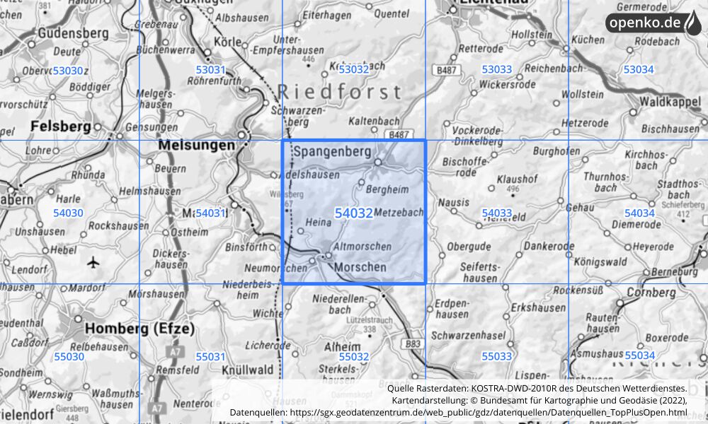 Übersichtskarte KOSTRA-DWD-2010R Rasterfeld Nr. 54032 mit angrenzenden Feldern