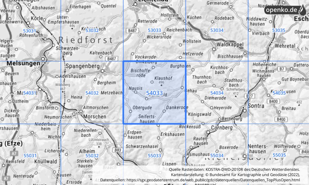 Übersichtskarte KOSTRA-DWD-2010R Rasterfeld Nr. 54033 mit angrenzenden Feldern