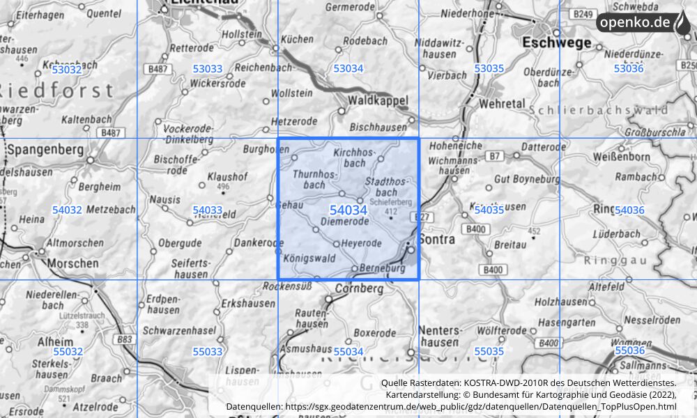 Übersichtskarte KOSTRA-DWD-2010R Rasterfeld Nr. 54034 mit angrenzenden Feldern