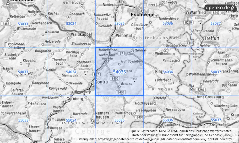 Übersichtskarte KOSTRA-DWD-2010R Rasterfeld Nr. 54035 mit angrenzenden Feldern