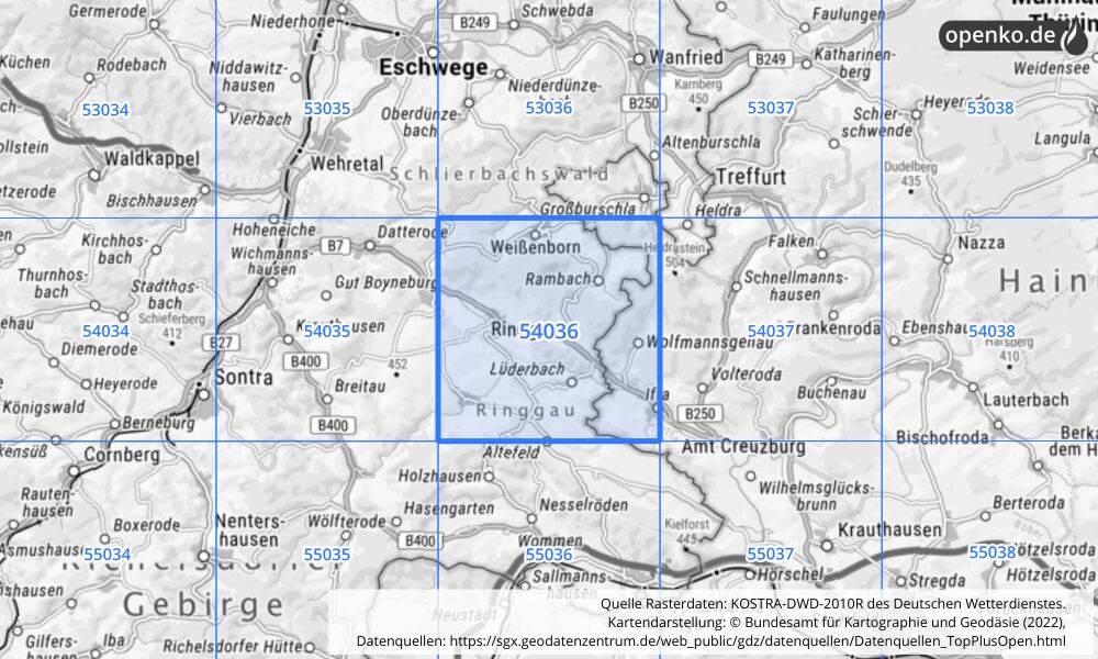 Übersichtskarte KOSTRA-DWD-2010R Rasterfeld Nr. 54036 mit angrenzenden Feldern