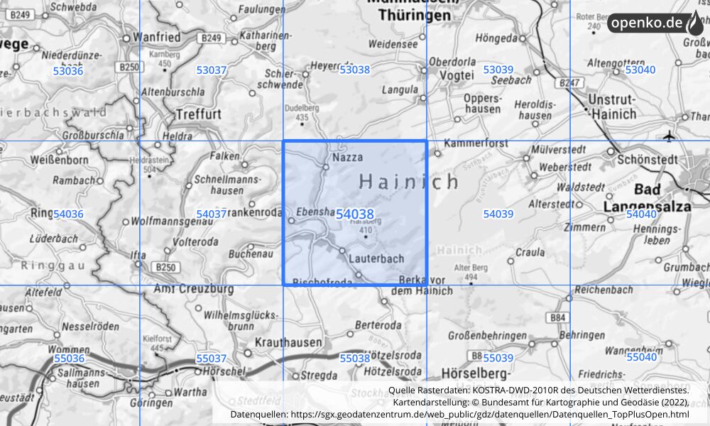 Übersichtskarte KOSTRA-DWD-2010R Rasterfeld Nr. 54038 mit angrenzenden Feldern