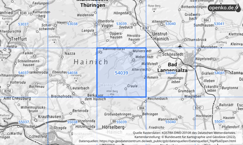 Übersichtskarte KOSTRA-DWD-2010R Rasterfeld Nr. 54039 mit angrenzenden Feldern