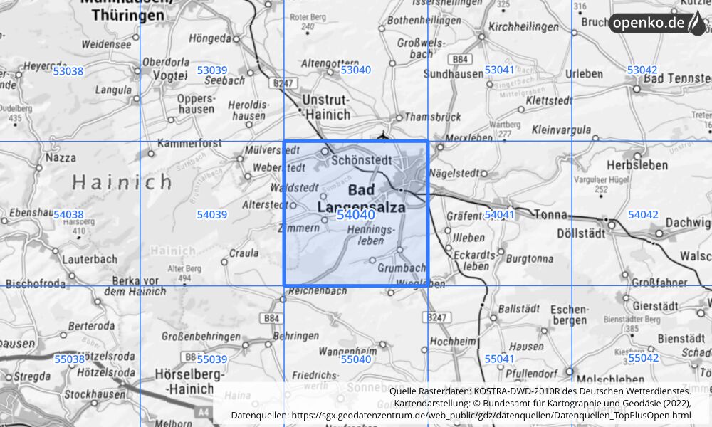Übersichtskarte KOSTRA-DWD-2010R Rasterfeld Nr. 54040 mit angrenzenden Feldern