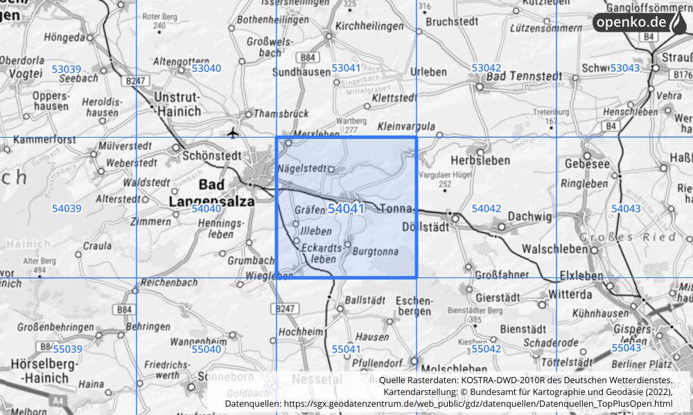 Übersichtskarte KOSTRA-DWD-2010R Rasterfeld Nr. 54041 mit angrenzenden Feldern