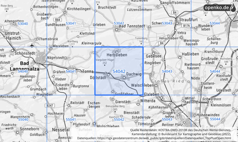 Übersichtskarte KOSTRA-DWD-2010R Rasterfeld Nr. 54042 mit angrenzenden Feldern