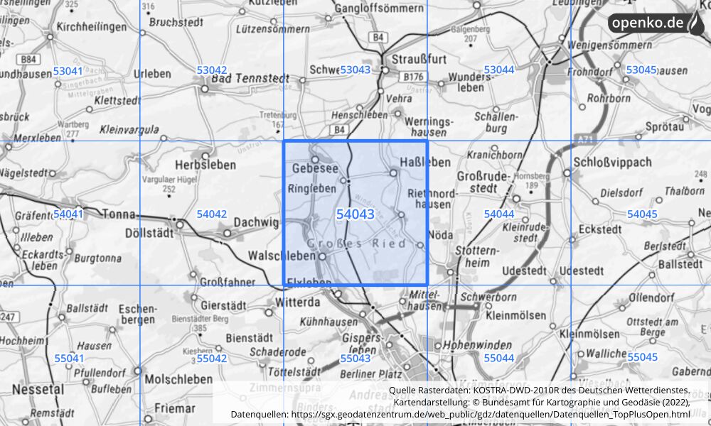 Übersichtskarte KOSTRA-DWD-2010R Rasterfeld Nr. 54043 mit angrenzenden Feldern