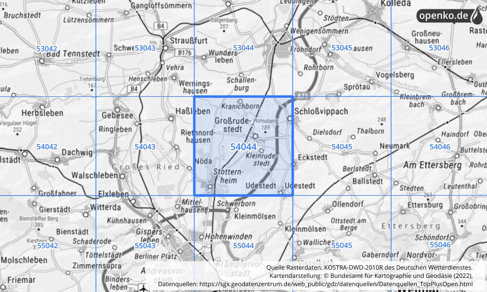 Übersichtskarte KOSTRA-DWD-2010R Rasterfeld Nr. 54044 mit angrenzenden Feldern