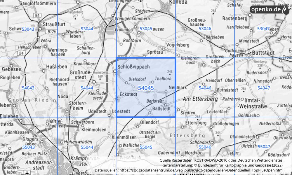 Übersichtskarte KOSTRA-DWD-2010R Rasterfeld Nr. 54045 mit angrenzenden Feldern