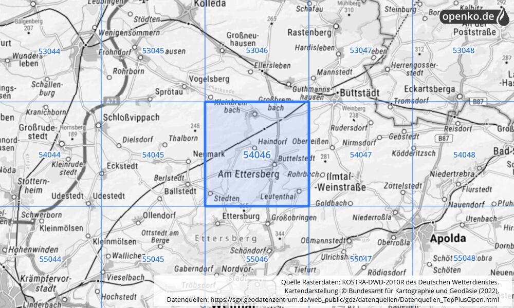 Übersichtskarte KOSTRA-DWD-2010R Rasterfeld Nr. 54046 mit angrenzenden Feldern