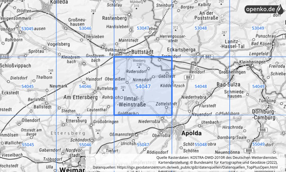 Übersichtskarte KOSTRA-DWD-2010R Rasterfeld Nr. 54047 mit angrenzenden Feldern