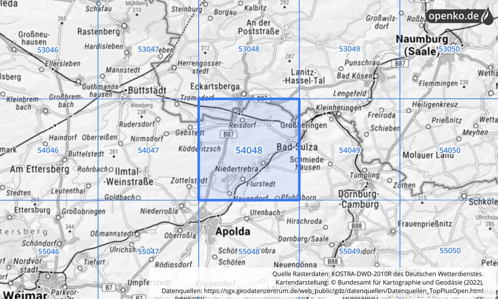 Übersichtskarte KOSTRA-DWD-2010R Rasterfeld Nr. 54048 mit angrenzenden Feldern