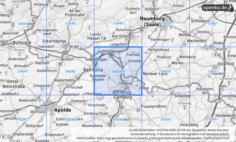 Übersichtskarte KOSTRA-DWD-2010R Rasterfeld Nr. 54049 mit angrenzenden Feldern