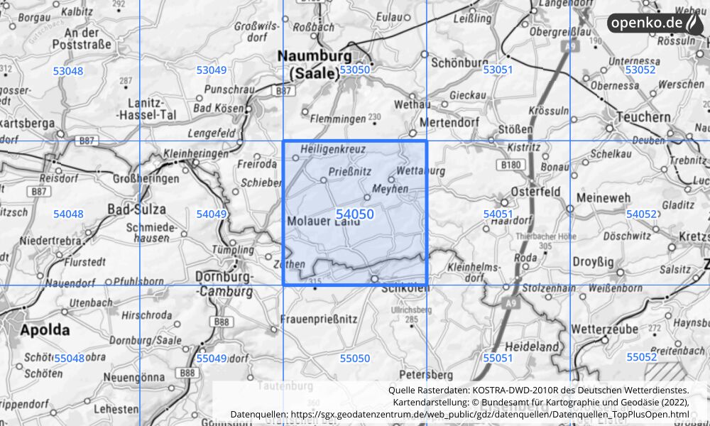 Übersichtskarte KOSTRA-DWD-2010R Rasterfeld Nr. 54050 mit angrenzenden Feldern