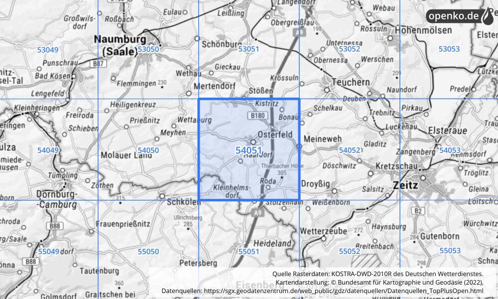 Übersichtskarte KOSTRA-DWD-2010R Rasterfeld Nr. 54051 mit angrenzenden Feldern