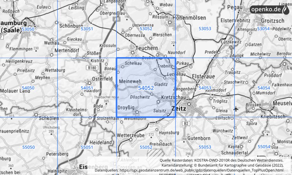 Übersichtskarte KOSTRA-DWD-2010R Rasterfeld Nr. 54052 mit angrenzenden Feldern