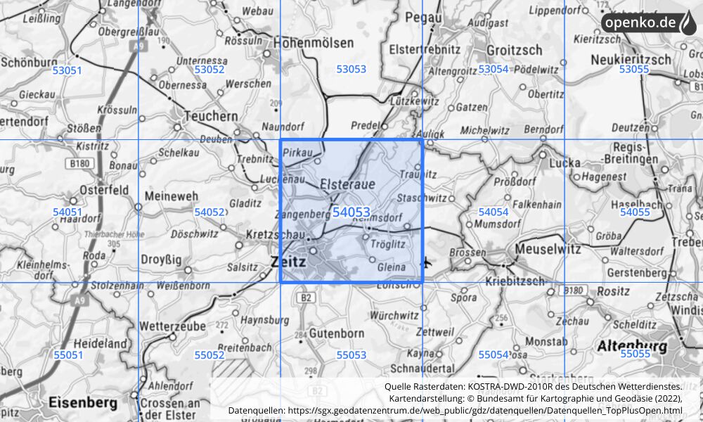 Übersichtskarte KOSTRA-DWD-2010R Rasterfeld Nr. 54053 mit angrenzenden Feldern