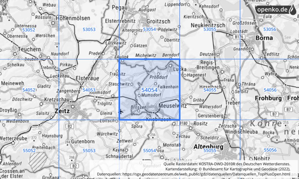 Übersichtskarte KOSTRA-DWD-2010R Rasterfeld Nr. 54054 mit angrenzenden Feldern