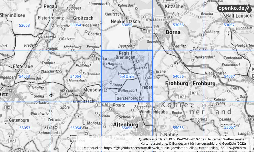 Übersichtskarte KOSTRA-DWD-2010R Rasterfeld Nr. 54055 mit angrenzenden Feldern