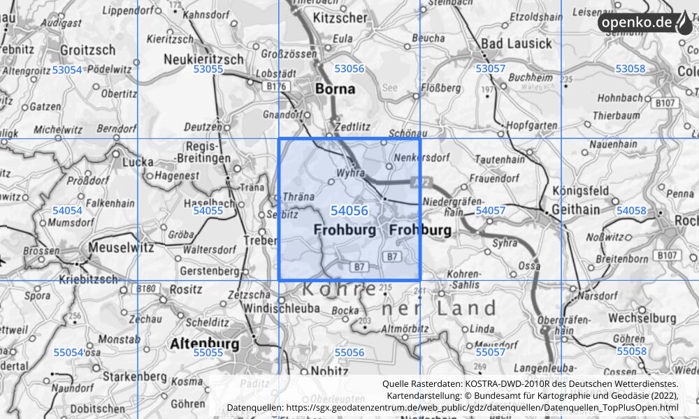 Übersichtskarte KOSTRA-DWD-2010R Rasterfeld Nr. 54056 mit angrenzenden Feldern