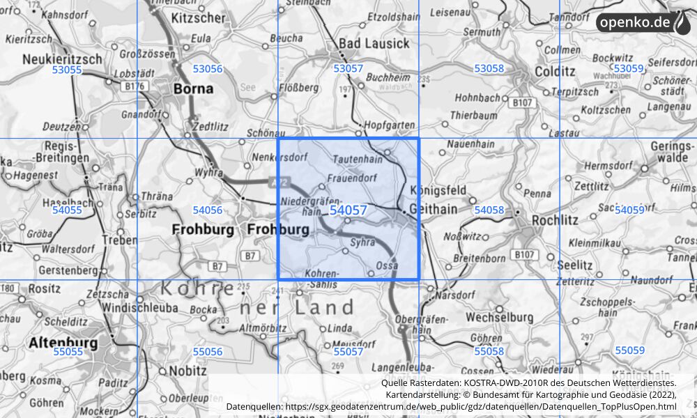 Übersichtskarte KOSTRA-DWD-2010R Rasterfeld Nr. 54057 mit angrenzenden Feldern