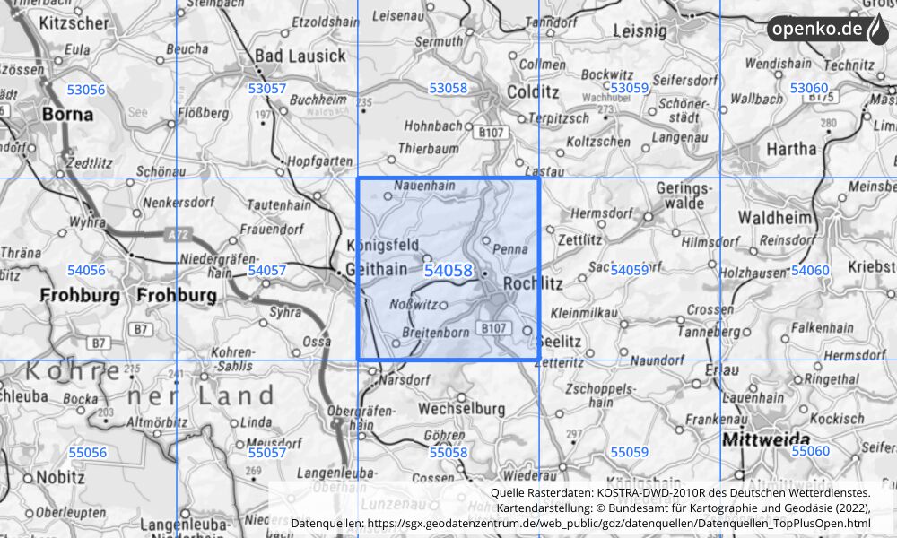 Übersichtskarte KOSTRA-DWD-2010R Rasterfeld Nr. 54058 mit angrenzenden Feldern