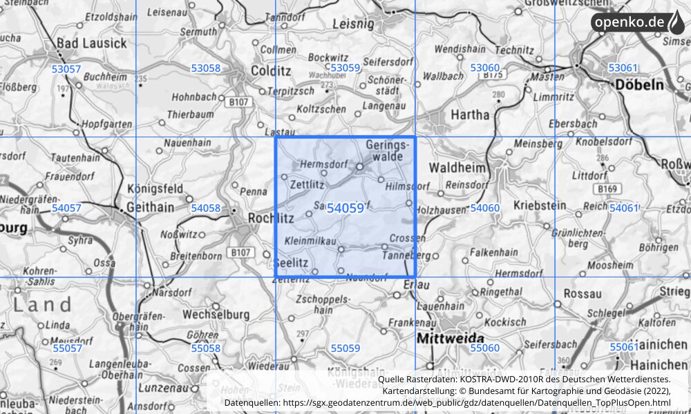 Übersichtskarte KOSTRA-DWD-2010R Rasterfeld Nr. 54059 mit angrenzenden Feldern