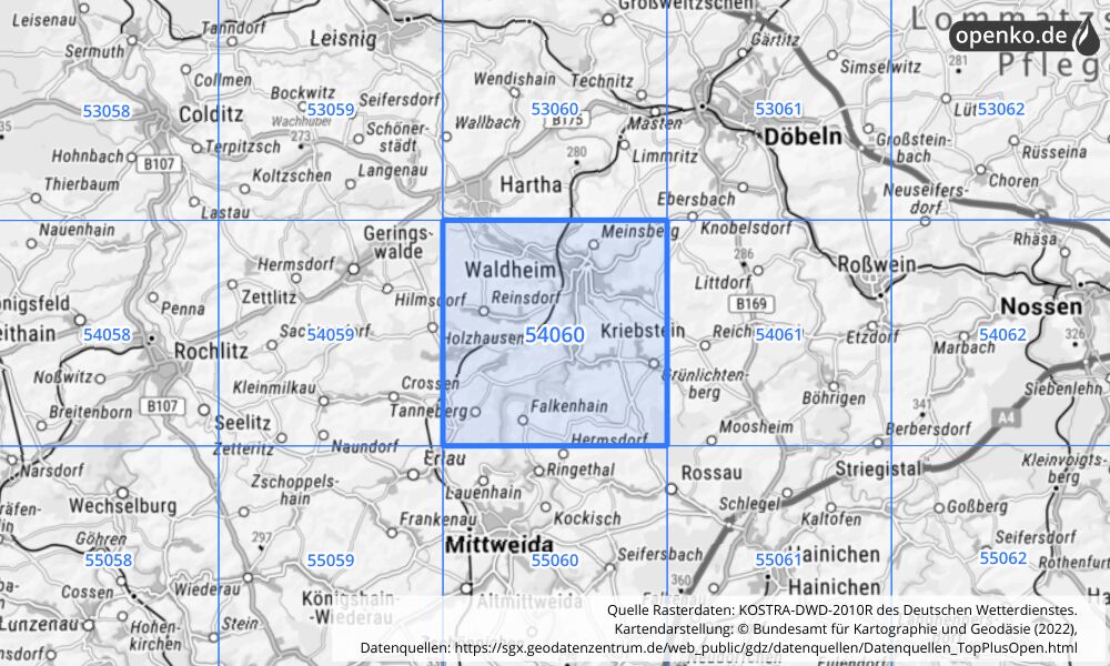 Übersichtskarte KOSTRA-DWD-2010R Rasterfeld Nr. 54060 mit angrenzenden Feldern