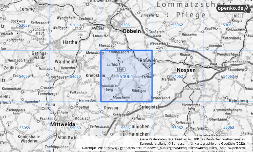 Übersichtskarte KOSTRA-DWD-2010R Rasterfeld Nr. 54061 mit angrenzenden Feldern