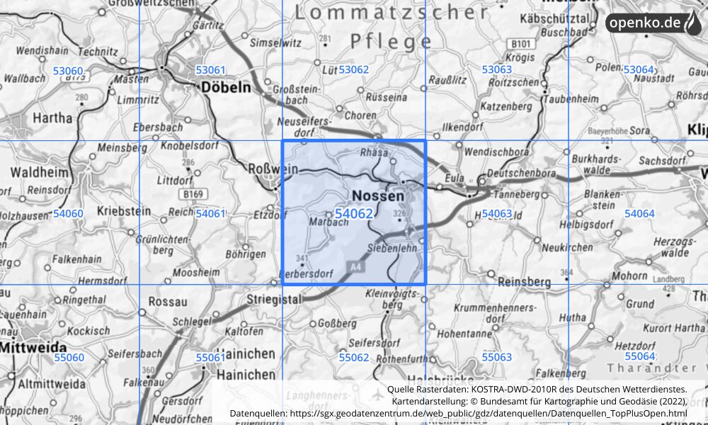 Übersichtskarte KOSTRA-DWD-2010R Rasterfeld Nr. 54062 mit angrenzenden Feldern