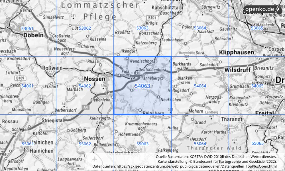 Übersichtskarte KOSTRA-DWD-2010R Rasterfeld Nr. 54063 mit angrenzenden Feldern