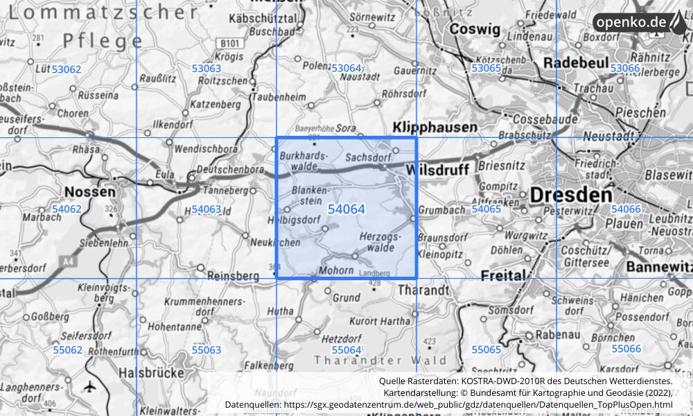 Übersichtskarte KOSTRA-DWD-2010R Rasterfeld Nr. 54064 mit angrenzenden Feldern