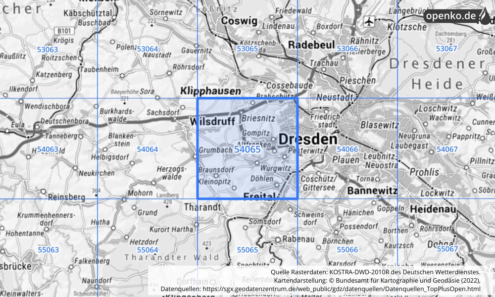 Übersichtskarte KOSTRA-DWD-2010R Rasterfeld Nr. 54065 mit angrenzenden Feldern