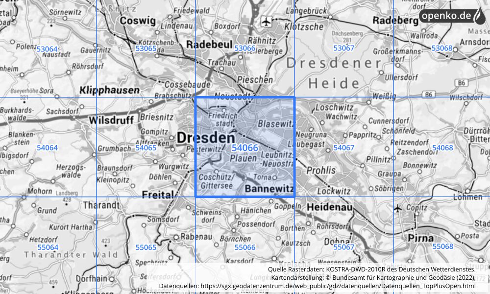 Übersichtskarte KOSTRA-DWD-2010R Rasterfeld Nr. 54066 mit angrenzenden Feldern