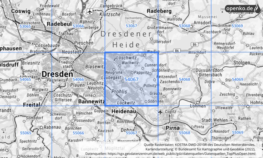 Übersichtskarte KOSTRA-DWD-2010R Rasterfeld Nr. 54067 mit angrenzenden Feldern