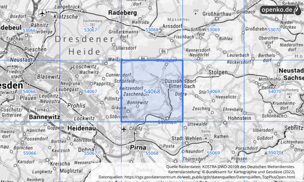 Übersichtskarte KOSTRA-DWD-2010R Rasterfeld Nr. 54068 mit angrenzenden Feldern