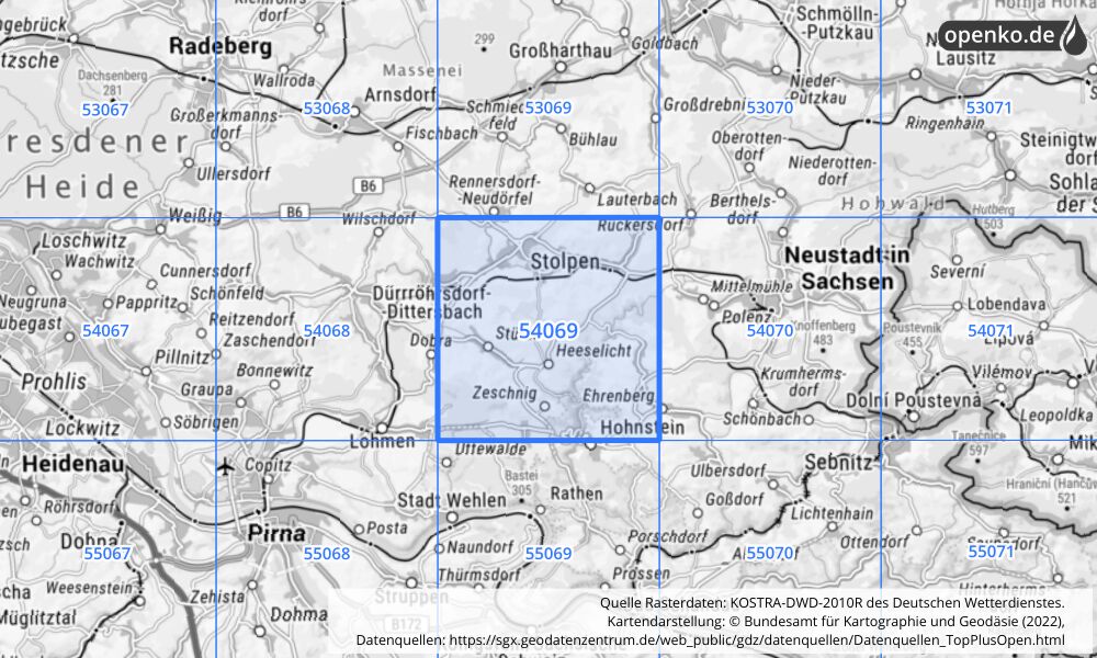 Übersichtskarte KOSTRA-DWD-2010R Rasterfeld Nr. 54069 mit angrenzenden Feldern