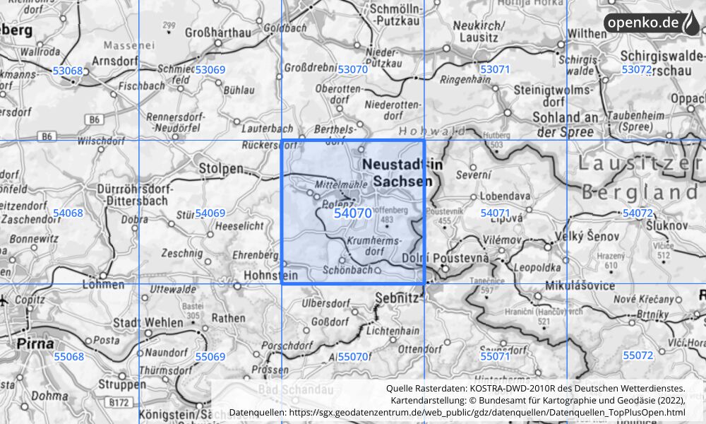 Übersichtskarte KOSTRA-DWD-2010R Rasterfeld Nr. 54070 mit angrenzenden Feldern