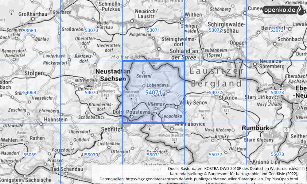 Übersichtskarte KOSTRA-DWD-2010R Rasterfeld Nr. 54071 mit angrenzenden Feldern